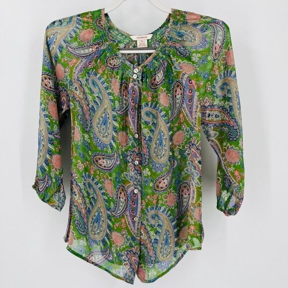 Sundance Paisley Blouse Size XS Silk Gauzy Peasant Green, Blue, Pink Sheer - Picture 1 of 14